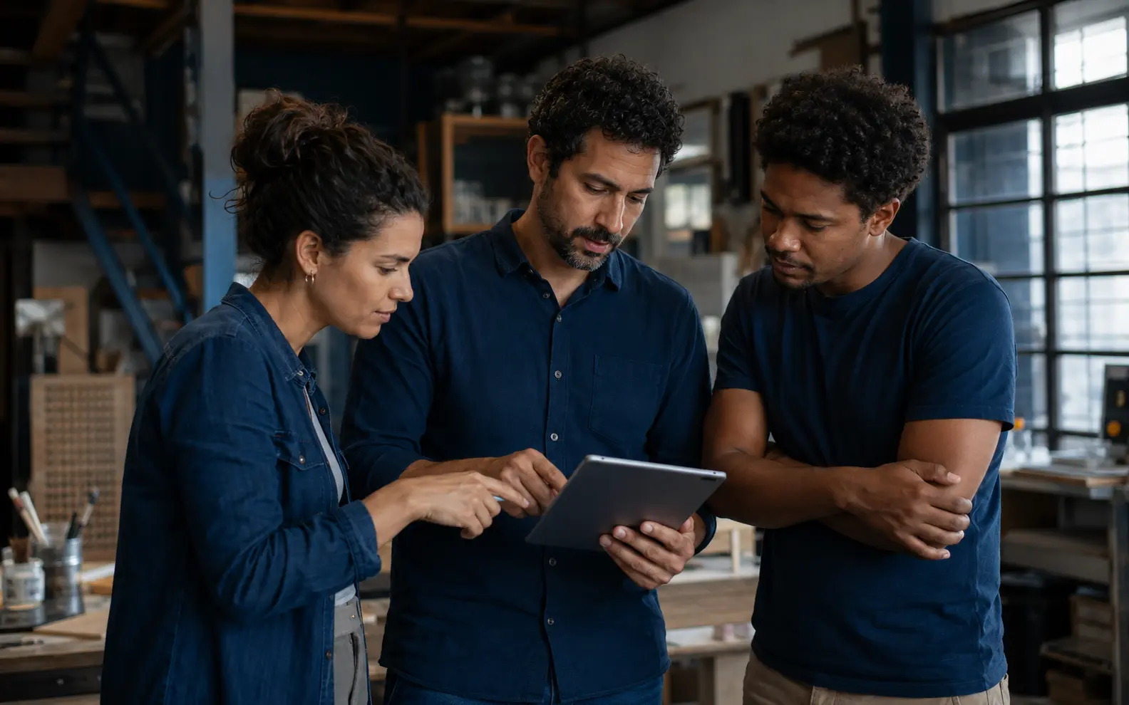 Líder e colaboradores observam juntos um material de desenvolvimento